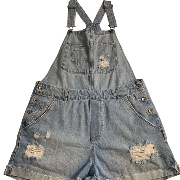 & Denim Overall Shorts Women's 10 Distressed Light Wash Denim Casual Y2K Comfy - Picture 13 of 15